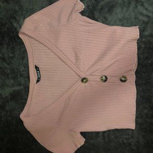V neck false button up crop top